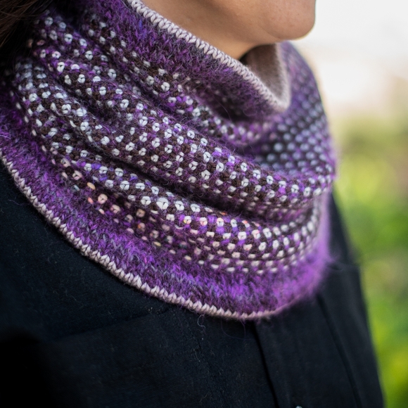 Hand Crafted Soft Warm Angora Knit Cowl in Purple Color Grey Dots Neon Speckles - Picture 5 of 8